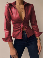 Women's Blouses V-Neck Button Long Sleeve PU Leather Blouse