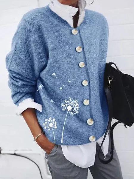 Women's Cardigans Dandelion Print Button Long Sleeve Cardigan