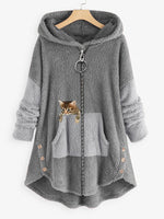 Women's Coats Cute Hooded Zipper Cat Printed Coat