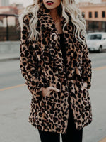 Women's Coats Lapel Leopard Print Faux Fur Long Sleeve Midi Coat