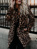 Women's Coats Lapel Leopard Print Faux Fur Long Sleeve Midi Coat