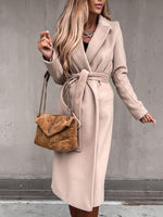 Women's Coats Simple Lapel Belted Long Sleeve Woolen Coat