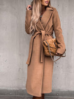 Women's Coats Simple Lapel Belted Long Sleeve Woolen Coat