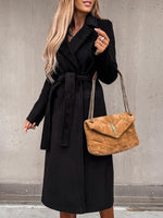 Women's Coats Simple Lapel Belted Long Sleeve Woolen Coat