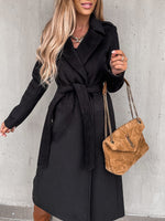 Women's Coats Simple Lapel Belted Long Sleeve Woolen Coat