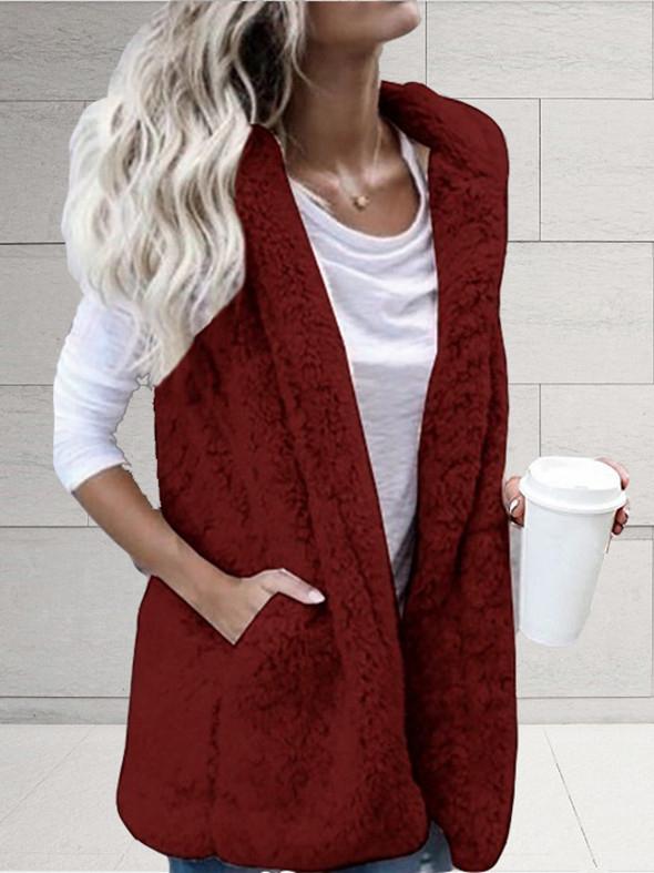 Women's Coats Solid Sleeveless Hooded Pocket Fur Vest