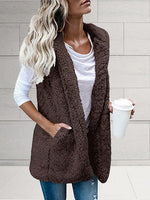 Women's Coats Solid Sleeveless Hooded Pocket Fur Vest