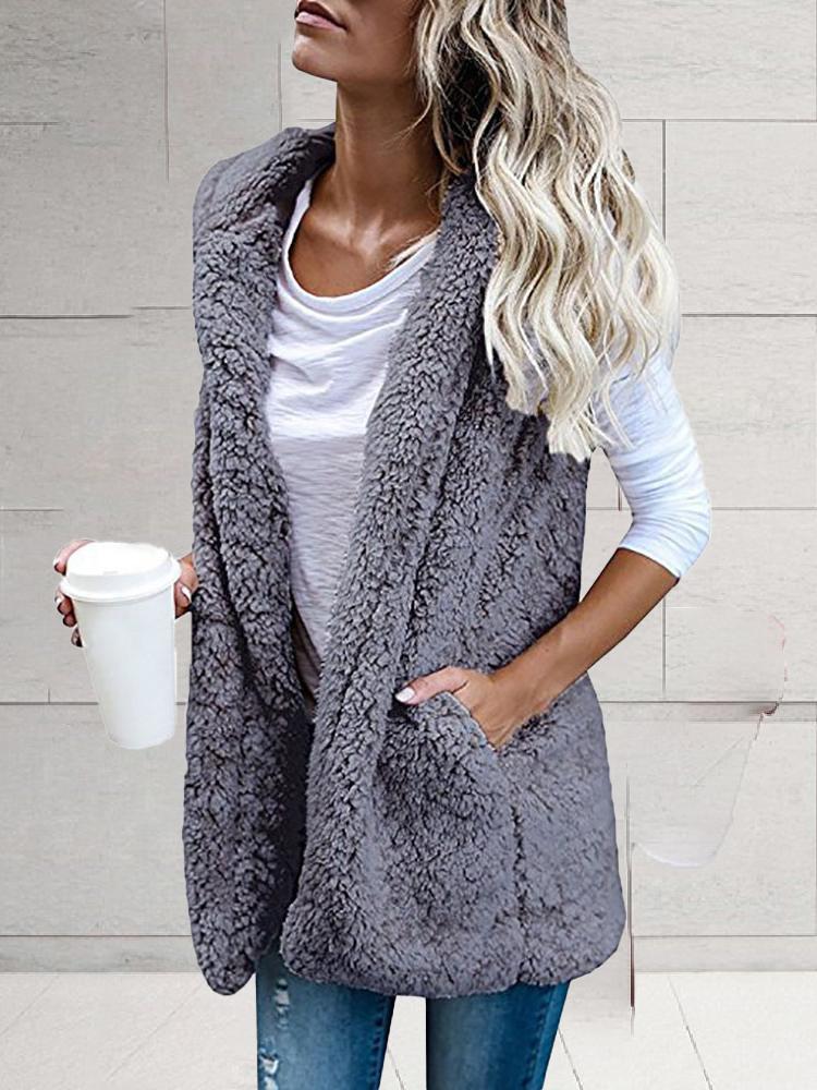 Women's Coats Solid Sleeveless Hooded Pocket Fur Vest