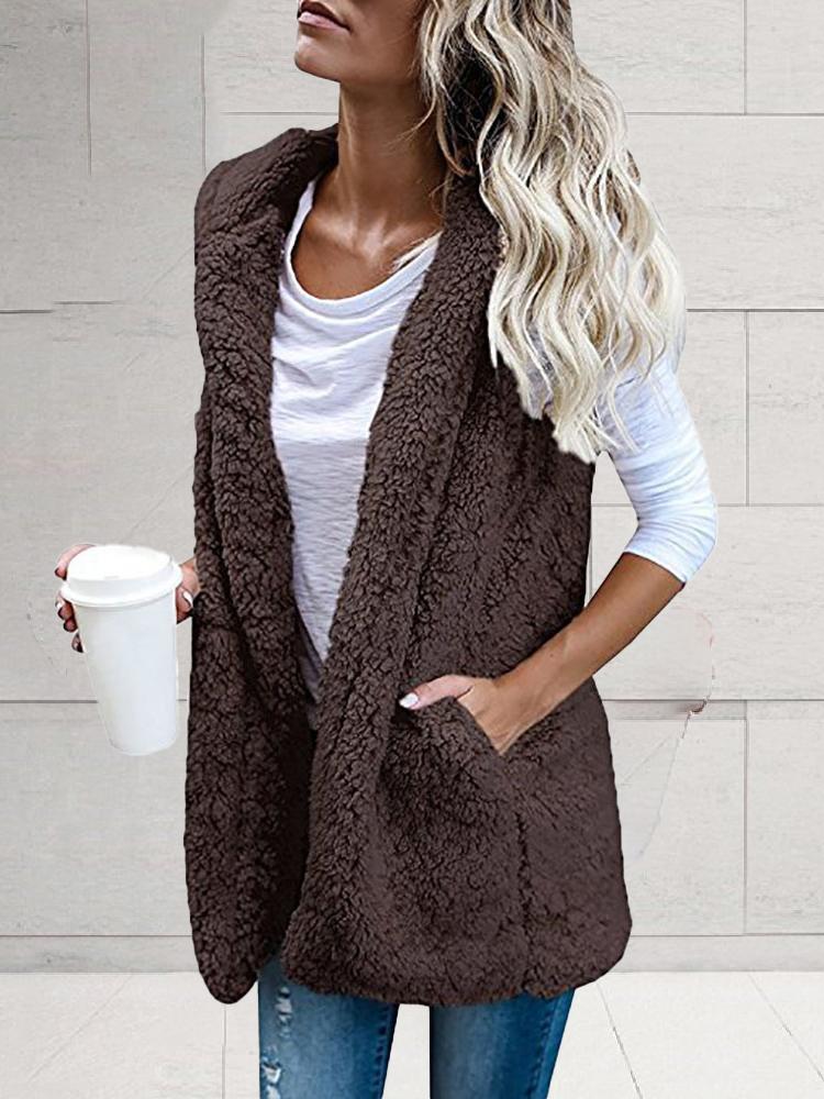 Women's Coats Solid Sleeveless Hooded Pocket Fur Vest