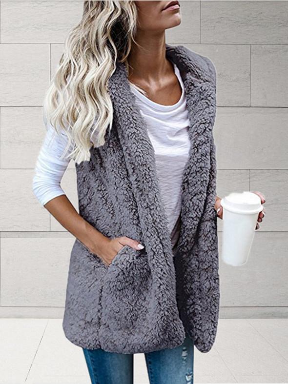 Women's Coats Solid Sleeveless Hooded Pocket Fur Vest