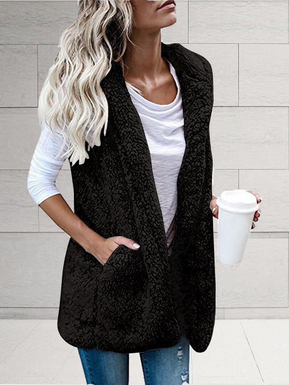 Women's Coats Solid Sleeveless Hooded Pocket Fur Vest