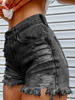 Women's Denim Head Print Ripped Fringed Denim Shorts