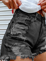 Women's Denim Head Print Ripped Fringed Denim Shorts