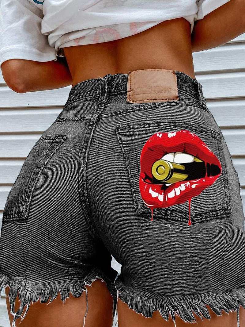 Women's Denim Shorts Casual Mouth Bite Bullet Print Denim Short