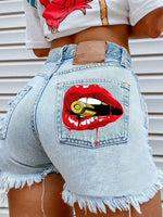 Women's Denim Shorts Casual Mouth Bite Bullet Print Denim Short