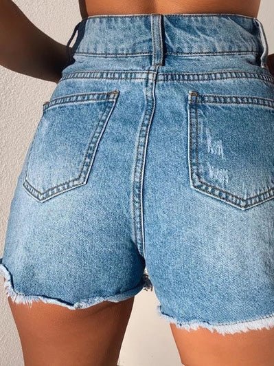 Women's Denim Shorts High Waist Single Breasted Ripped Denim Shorts