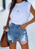 Women's Denim Shorts Pocket Star-Striped Fringed Denim Shorts