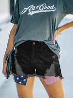 Women's Denim Shorts Pocket Star-Striped Fringed Denim Shorts