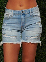 Women's Denim Shorts Ripped Fringed High-Stretch Denim Shorts