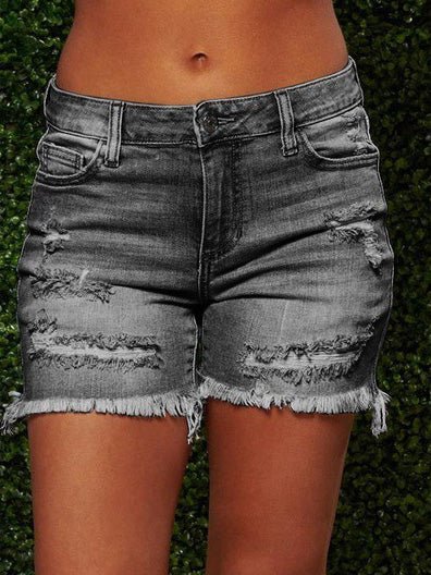 Women's Denim Shorts Ripped Fringed High-Stretch Denim Shorts