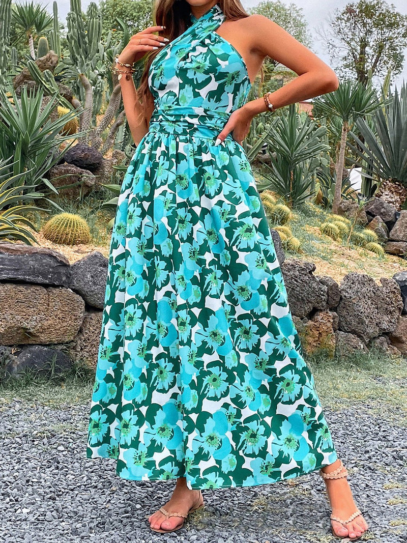 Women's Dresses Floral Halterneck Open Back Maxi Dress