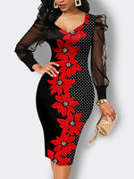 Women's Dresses Floral Printed Mesh Sleeve Polka Dot Midi Dress