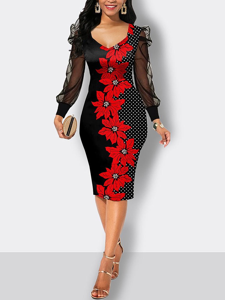 Women's Dresses Floral Printed Mesh Sleeve Polka Dot Midi Dress