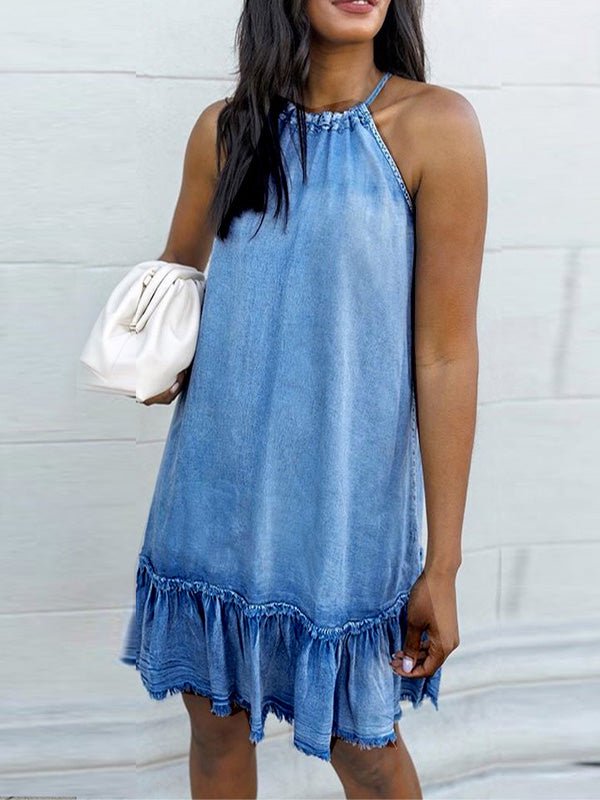 Women's Dresses Halterneck Bare Back Ruffled Denim Dress