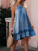 Women's Dresses Halterneck Bare Back Ruffled Denim Dress