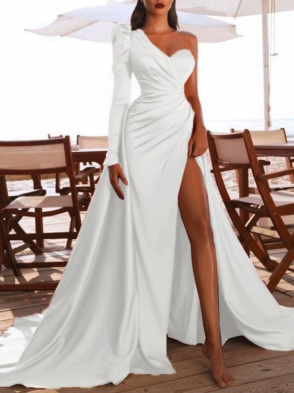 Women's Dresses Long Sleeve One Shoulder High Slit Party Evening Dress