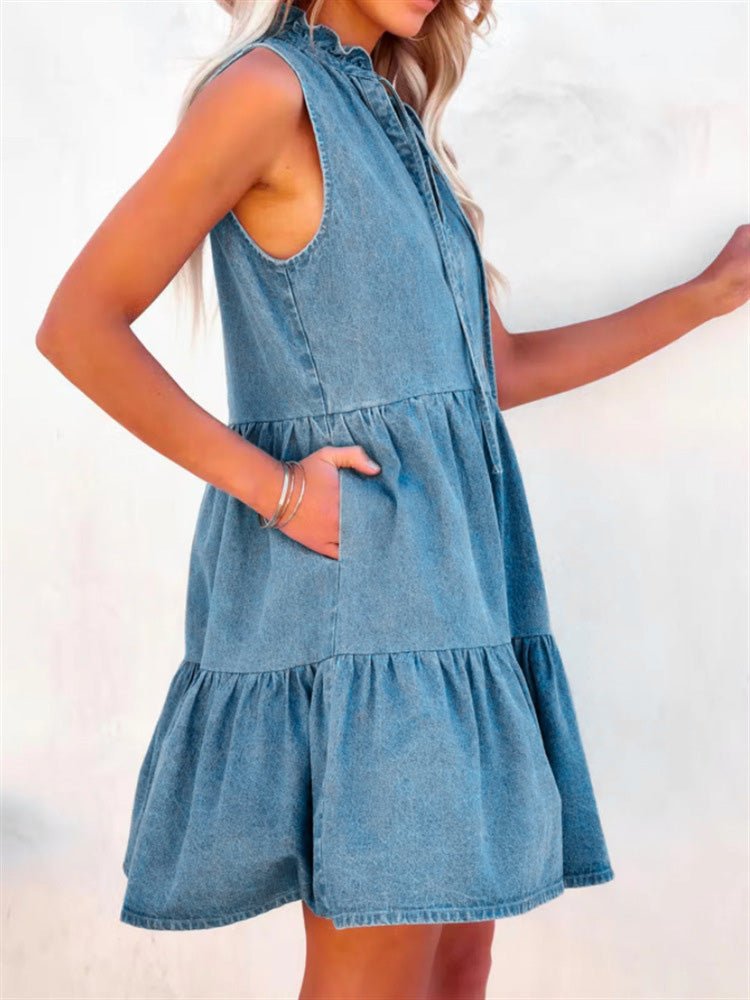 Women's Dresses Loose Belted Short Sleeve Denim Dress