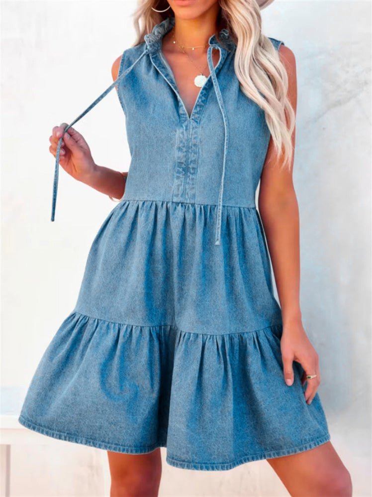 Women's Dresses Loose Belted Short Sleeve Denim Dress