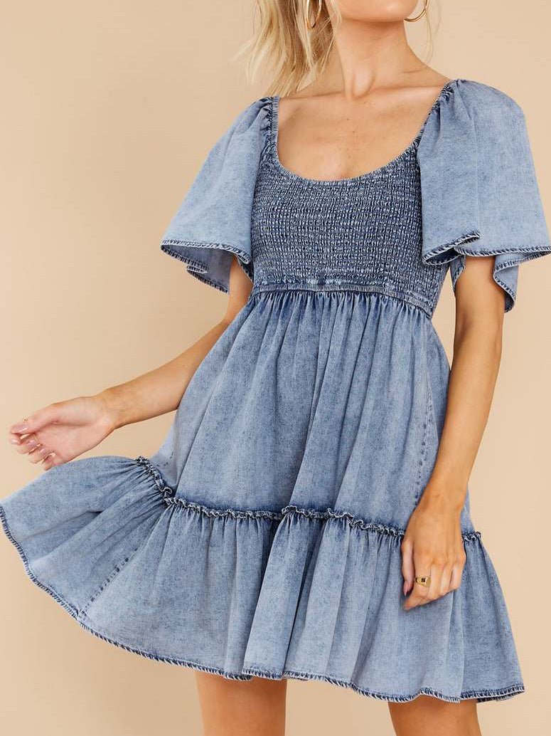 Women's Dresses Loose Square Neck Short Sleeve Denim Dress