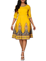 Women's Dresses National Style Printed High Waist Mid Sleeve Midi Dress