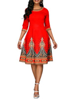 Women's Dresses National Style Printed High Waist Mid Sleeve Midi Dress