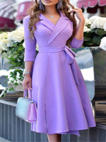 Women's Dresses Notched Lapel V Neck Tie Waist Ruffled Midi Dress