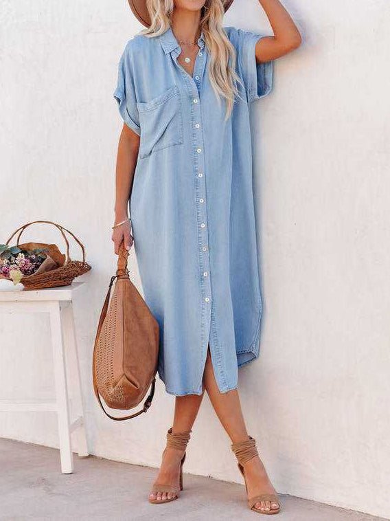 Women's Dresses Pocket Short Sleeve Denim Slit Shirt Dress