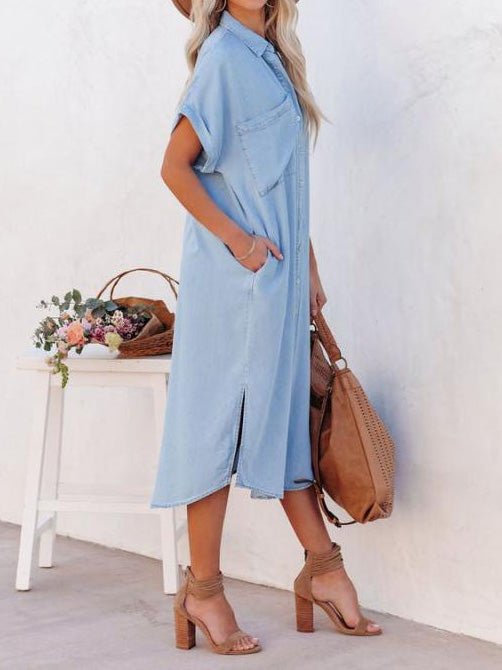 Women's Dresses Pocket Short Sleeve Denim Slit Shirt Dress