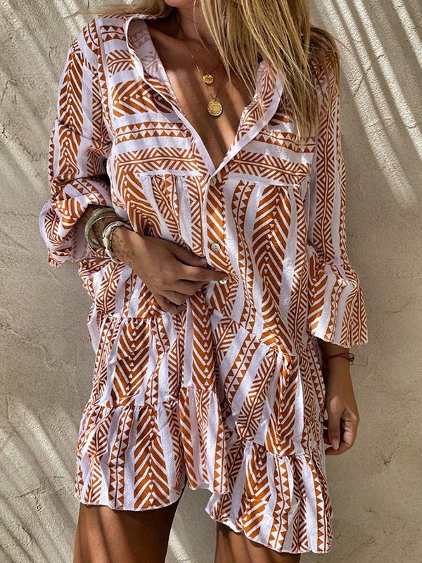 Women's Dresses Printed Button Long Sleeve Mini Dress