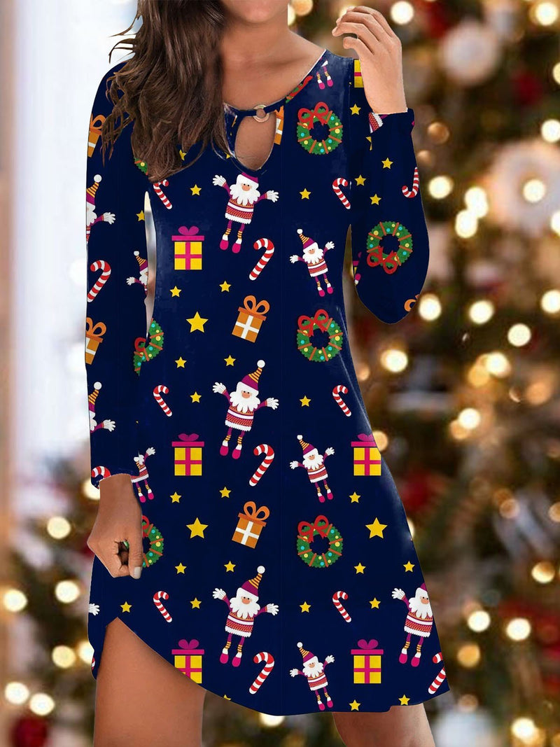 Women's Dresses Santa Print Hollow Long Sleeve Mini Dress