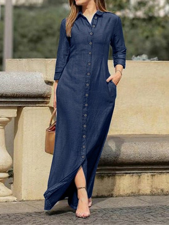 Women's Dresses Shirt Collar Button Long Sleeve Denim Dress