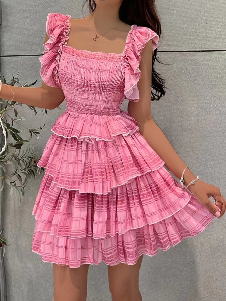 Women's Dresses Short Sleeve Overlayed Pleated Mini Dress