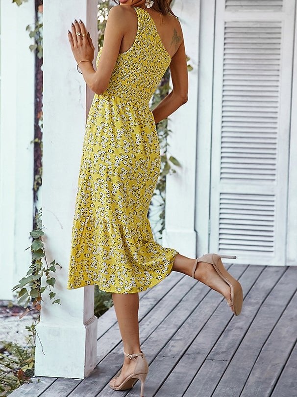 Women's Dresses Sloping Shoulder Floral Print Midi Dress