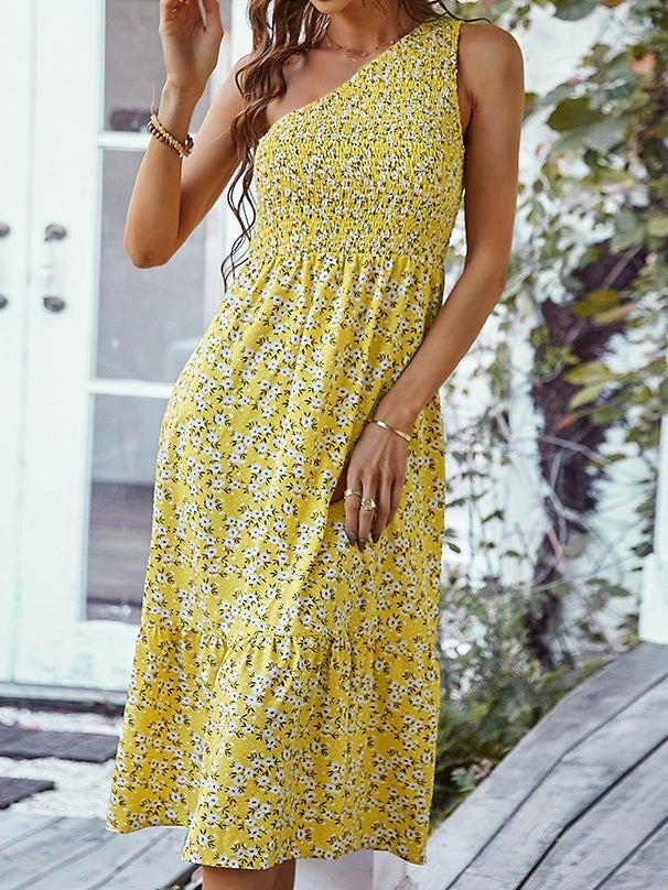 Women's Dresses Sloping Shoulder Floral Print Midi Dress