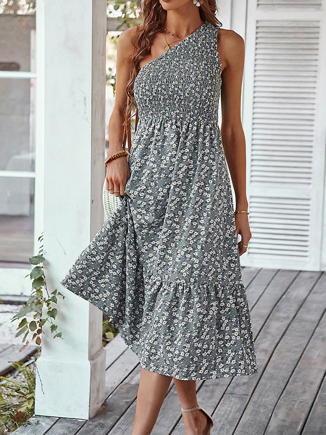 Women's Dresses Sloping Shoulder Floral Print Midi Dress