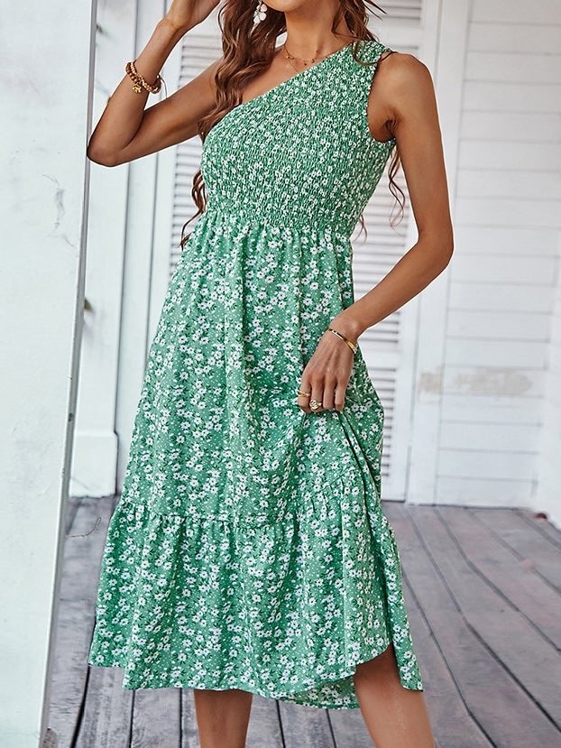 Women's Dresses Sloping Shoulder Floral Print Midi Dress