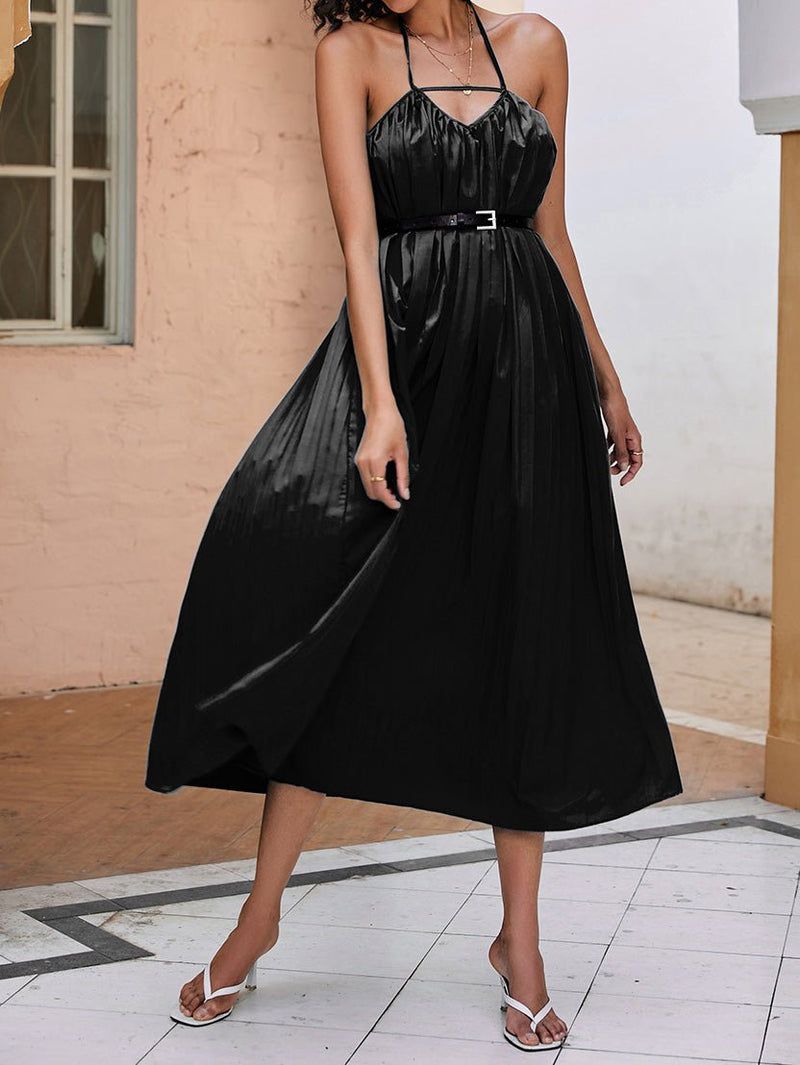 Women's Dresses Solid Hanging Neck Pleated Maxi Dress