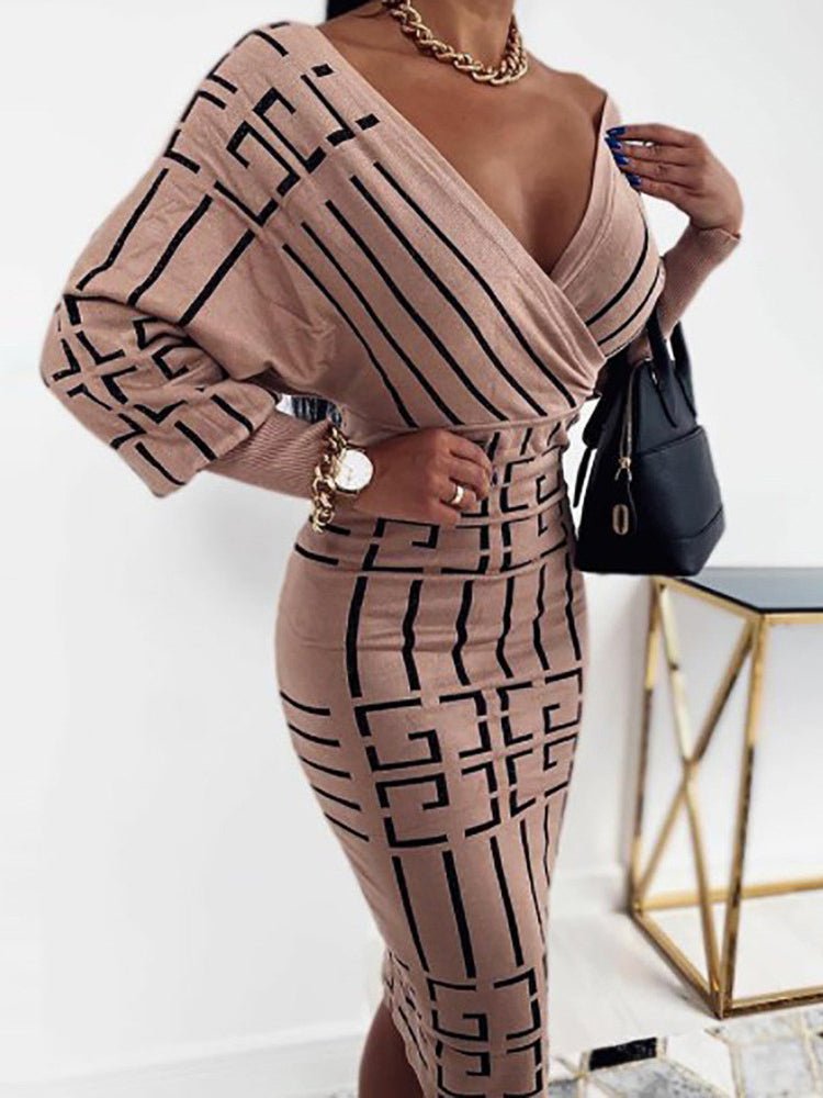 Women's Dresses Striped V Neck Long Sleeve High Waisted Midi Dress