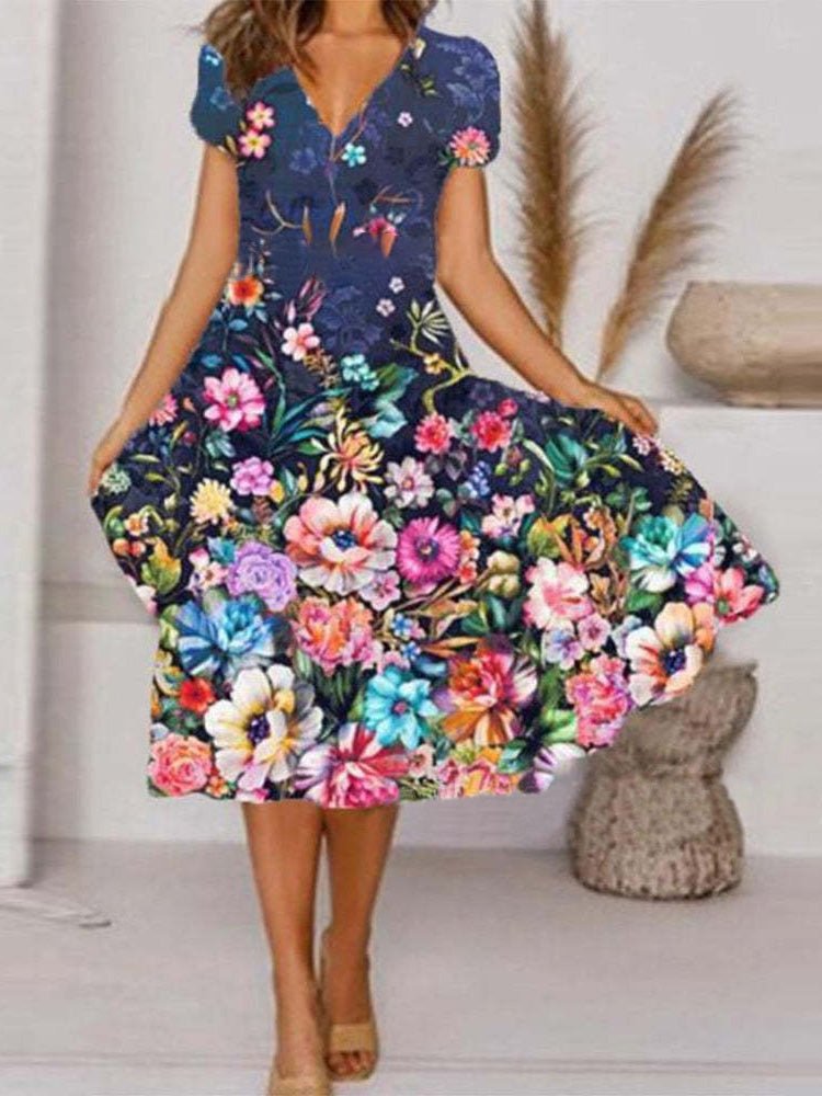 Women's Dresses V-Neck Floral Print Short Sleeve Dress