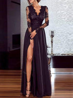 Women's Dresses V-Neck Lace Long Sleeve Split Evening Dress